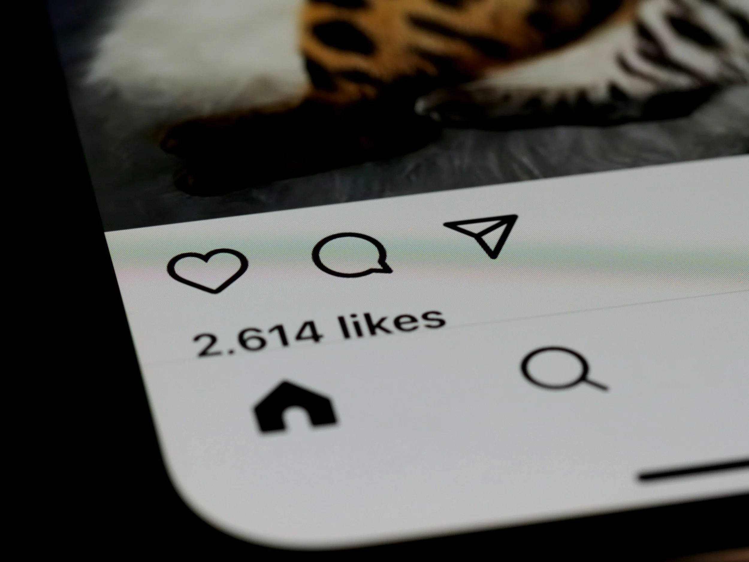 Close-up of a smartphone screen showing social media icons and 2,614 likes.