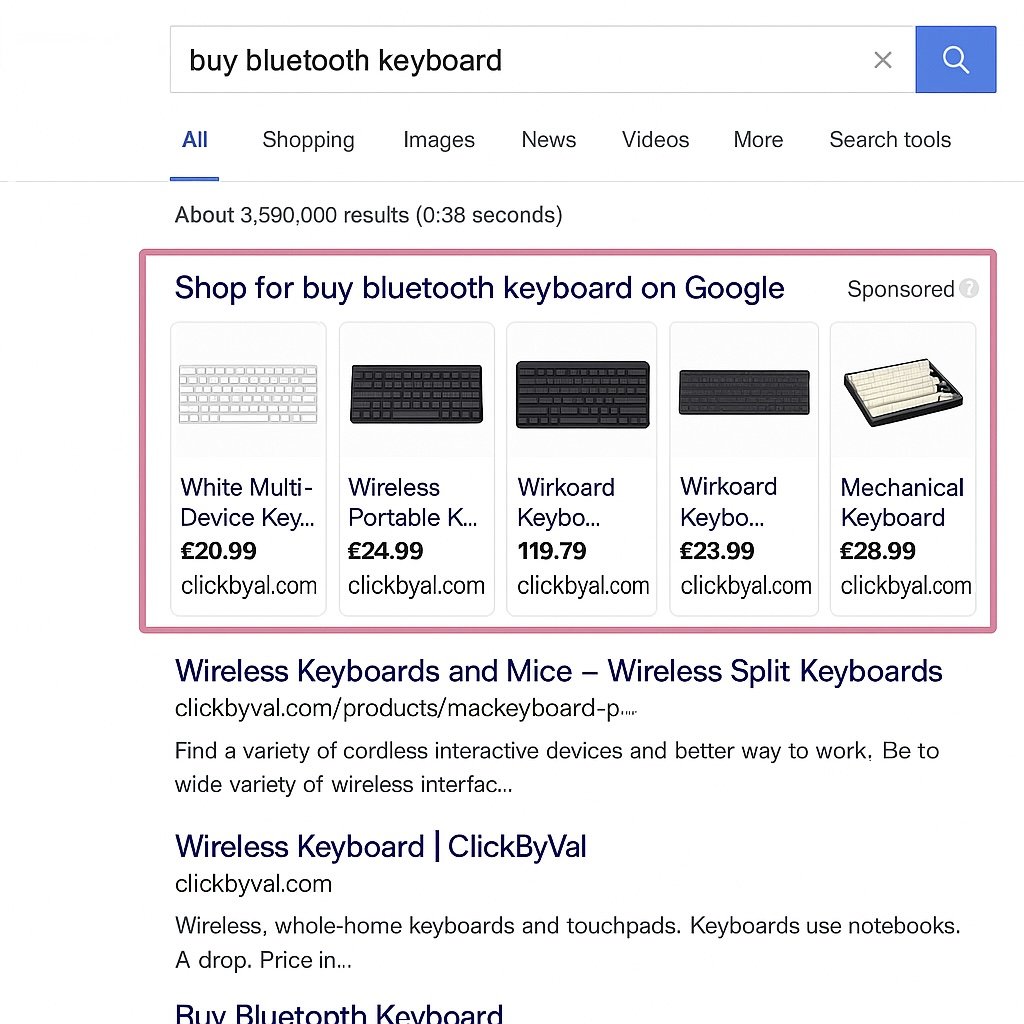 Example mockup of Google Shopping search results for 'buy bluetooth keyboard' showing ClickByVal product listings with prices.