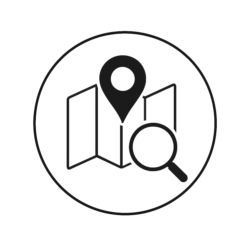 Icon of a map with a location pin and a magnifying glass.