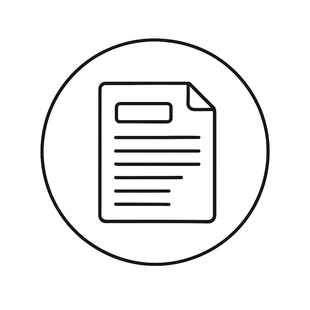 Line drawing of a document or report icon inside a circle.
