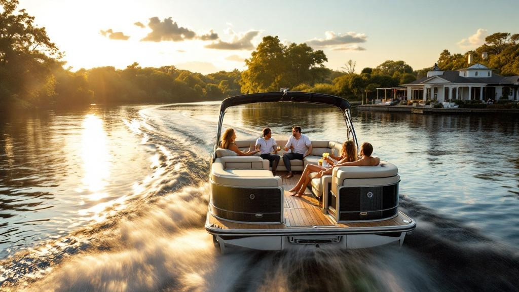People relaxing on a boat cruise on Lake Lewisville during sunset, with trees and houses visible along the shoreline.