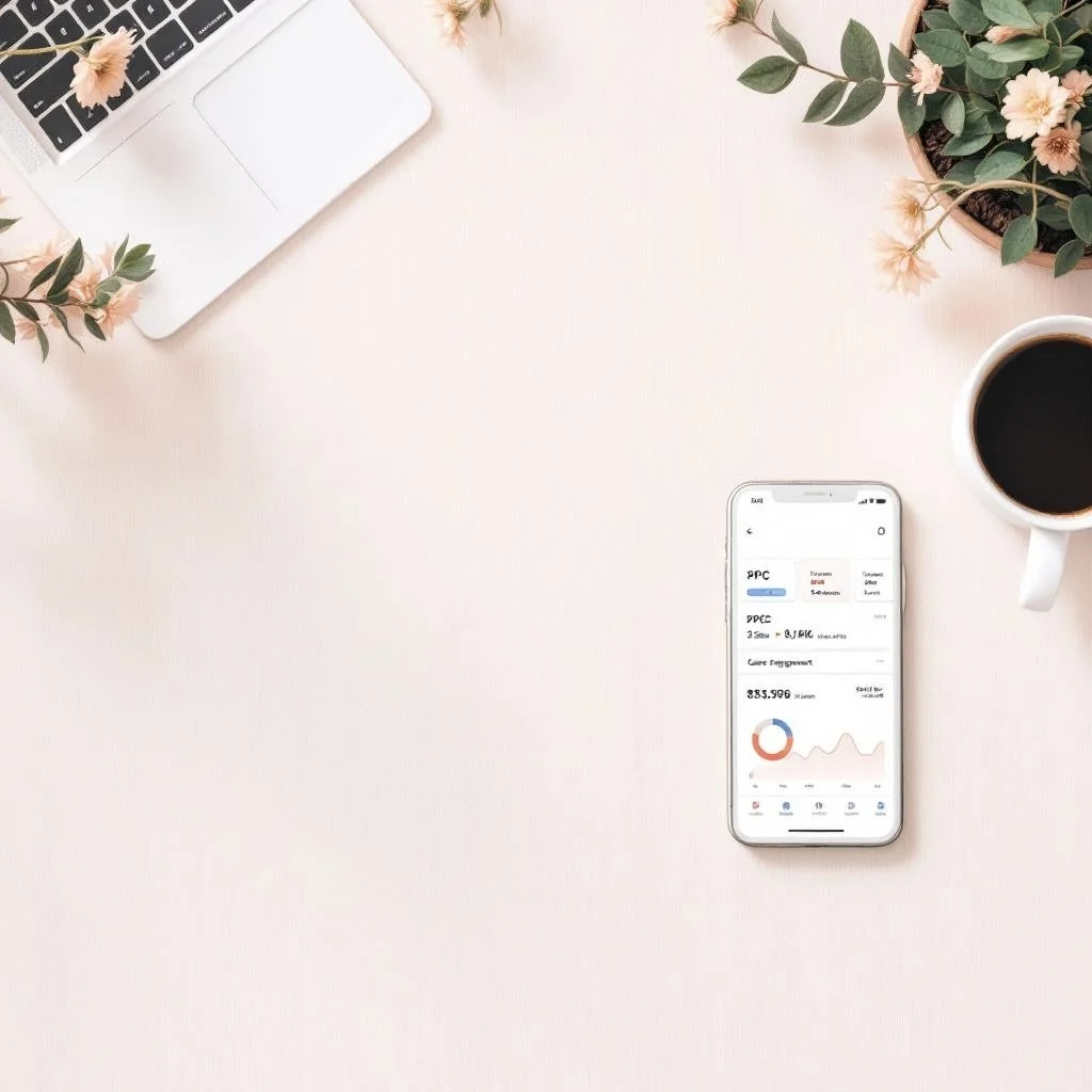 Flat lay of a workspace with a silver laptop, a smartphone displaying financial app, a cup of coffee, and pink flowers on a light pink surface.