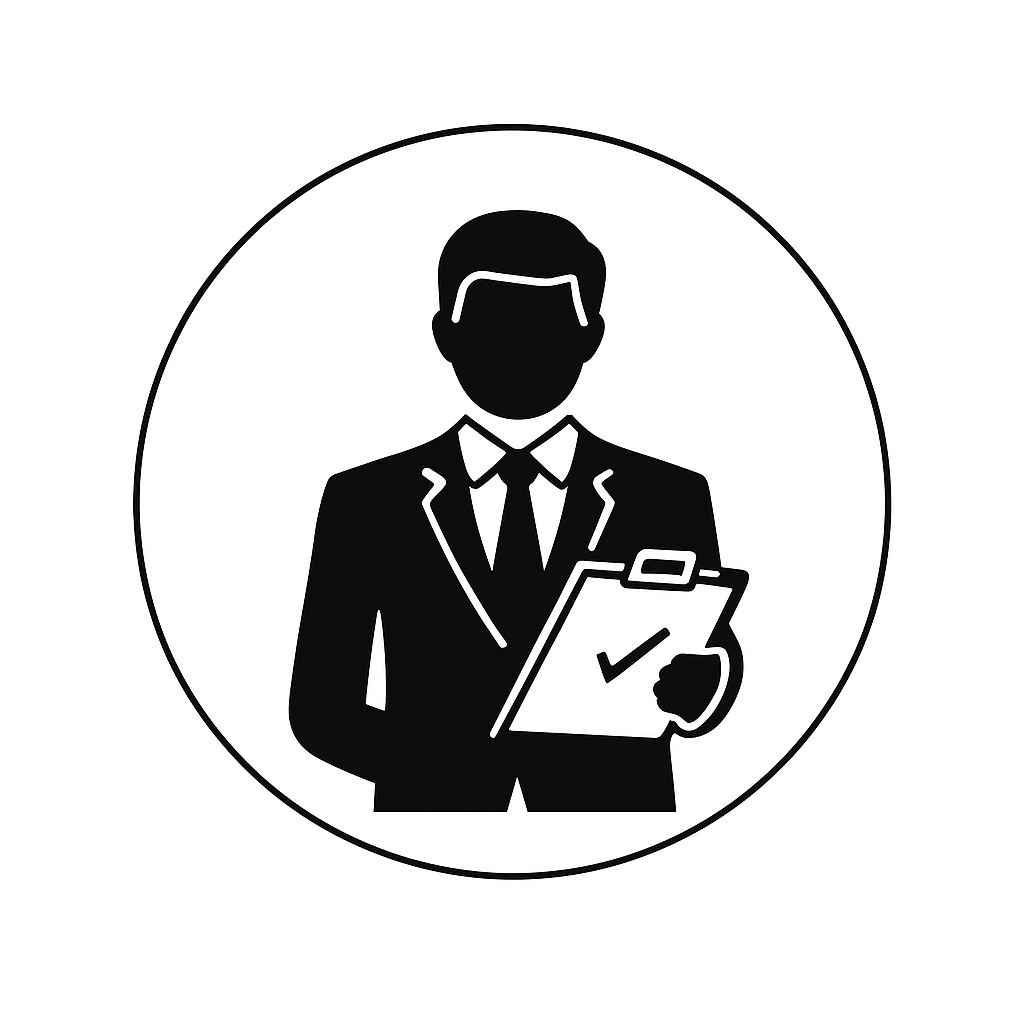 Black and white icon of a man in a suit holding a clipboard with a checkmark.