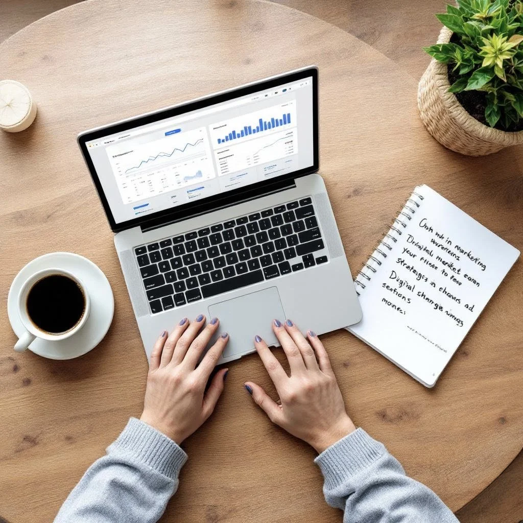 A person working on a laptop at a wooden table with a cup of coffee, a potted plant, a notepad with handwritten notes, and a candle.