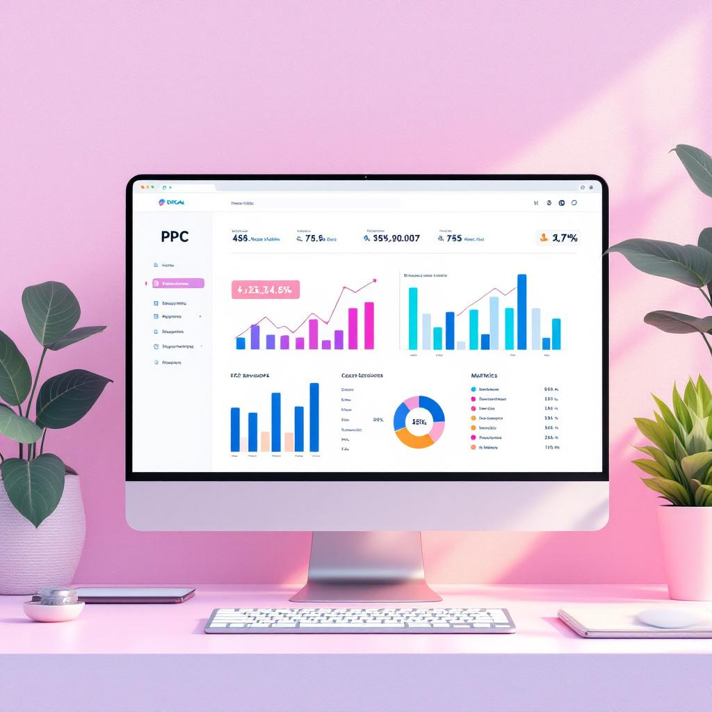 Computer monitor displaying PPC dashboard with charts, graphs, and performance metrics in a pink-themed workspace with plants.