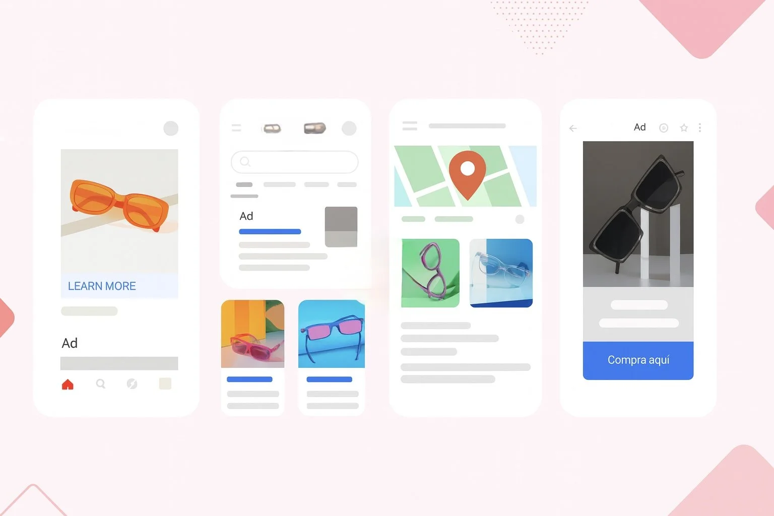 Illustration mockup showing different types of mobile ads, including product ads, search ads, and location-based ads with call-to-action buttons.