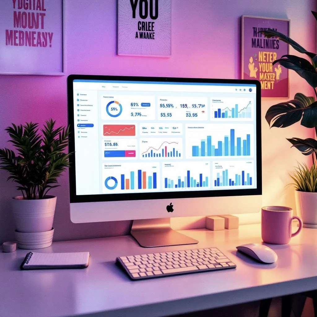 A workspace with an iMac computer displaying data analytics charts, flanked by potted plants, a notebook, a keyboard, a mouse, and a mug on a desk. The background features framed posters with motivational and humorous messages, illuminated by purple and pink lighting.