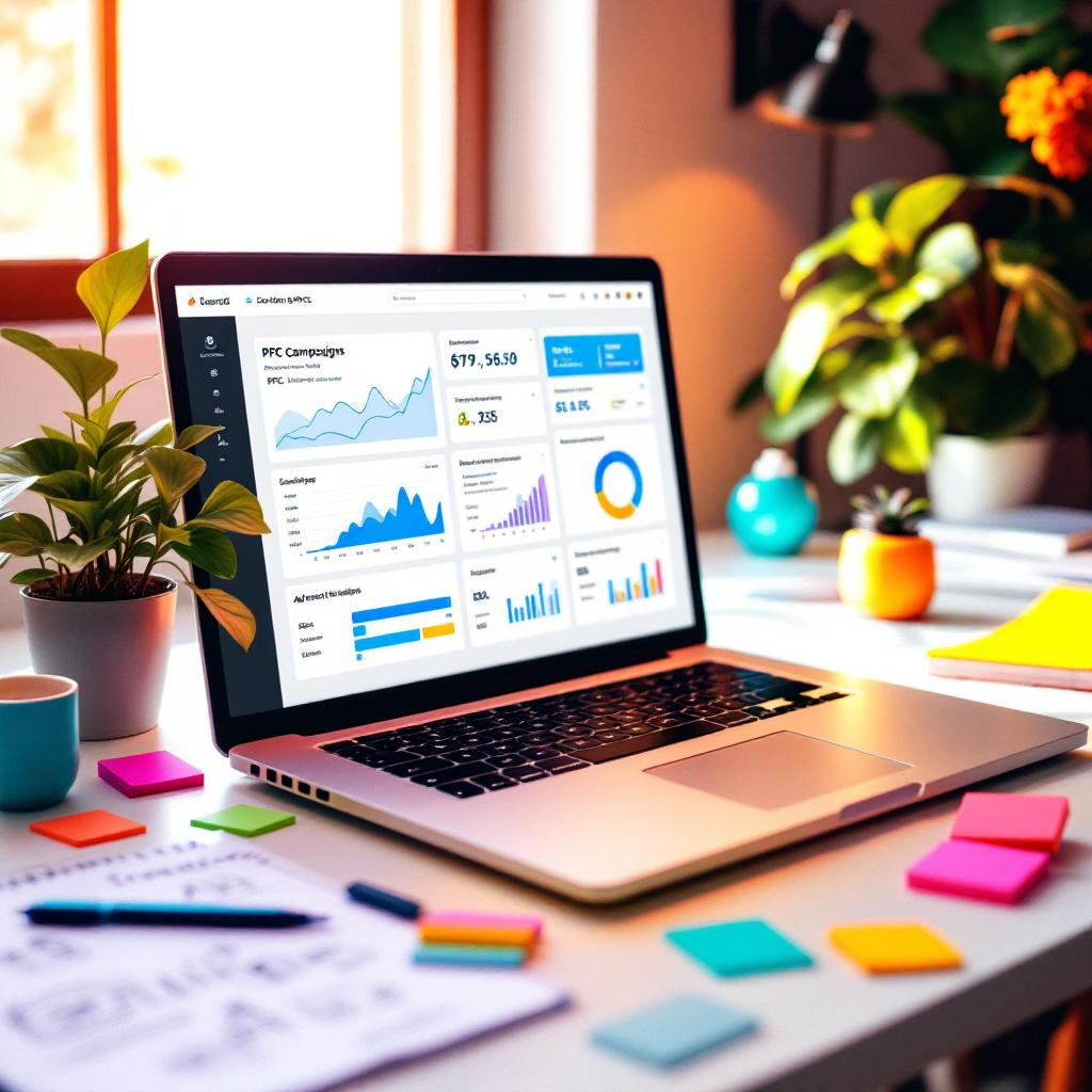 A laptop displaying analytics dashboards on a white desk surrounded by colorful sticky notes, pens, and potted plants in a bright work environment.