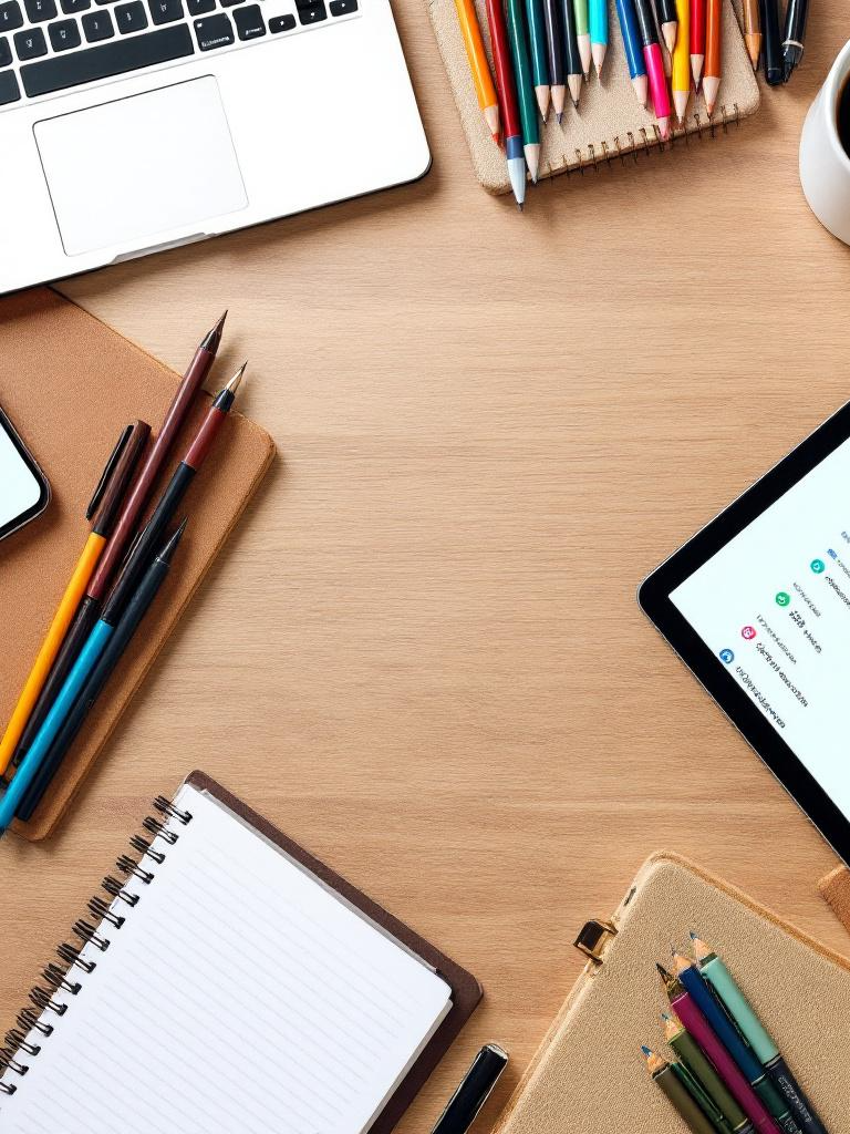 A top-down view of a wooden desk with various office supplies: a laptop, a tablet, a spiral notebook, a closed notebook, and two sets of colored pencils in cases, along with a few pens, a smartphone, and a white mug.