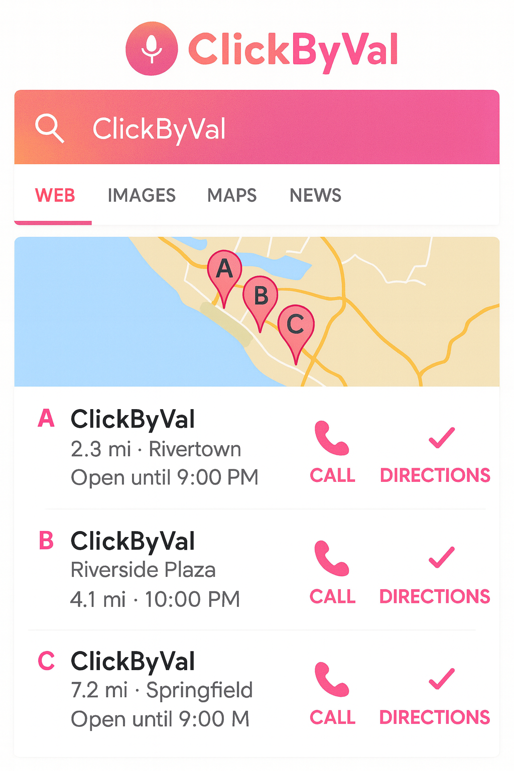 Example mockup of local search results for ClickByVal showing multiple business listings with map pins, call buttons, and directions.