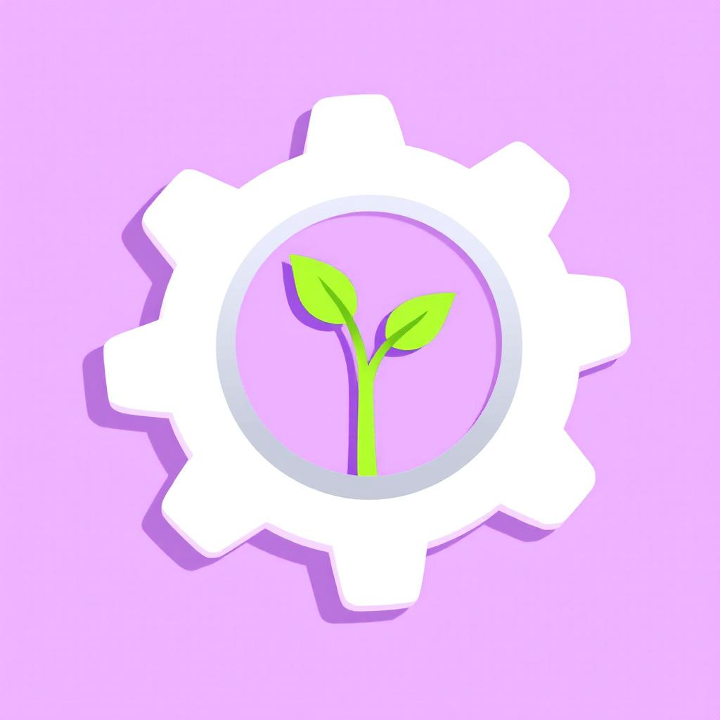A white gear icon with a green plant inside it on a purple background.