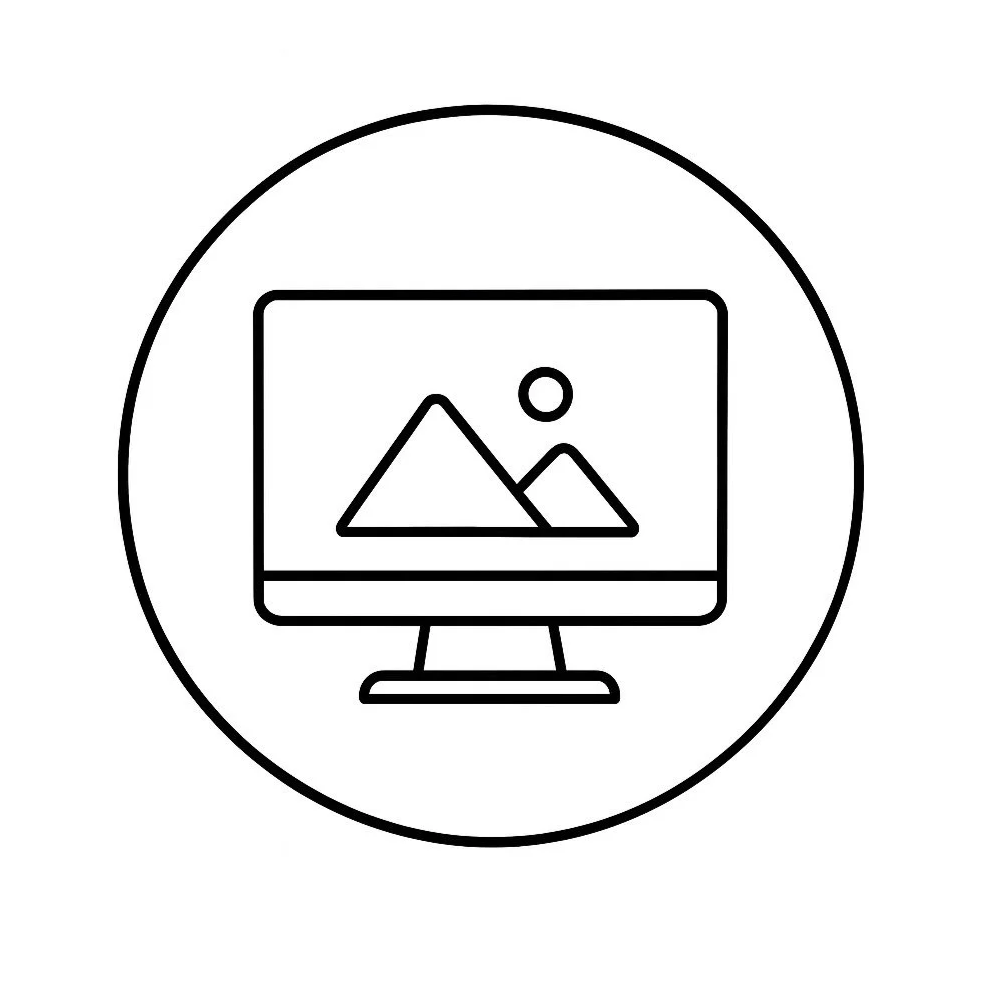 Icon of a computer monitor displaying a landscape picture with mountains and a sun.