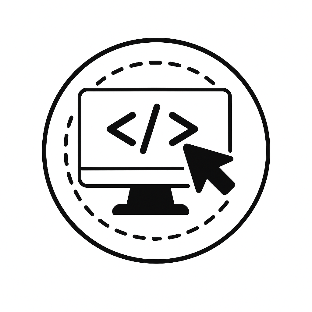 Icon of a computer monitor with HTML code brackets and a mouse cursor pointing at it, inside a dashed circle.