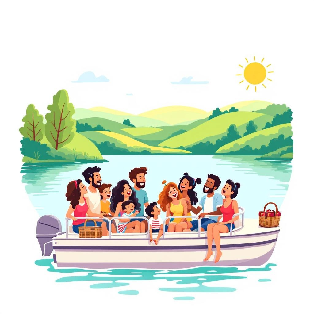 A group of people enjoying a boat ride on lake lewisville, with green hills, trees, and a bright sun in the background.