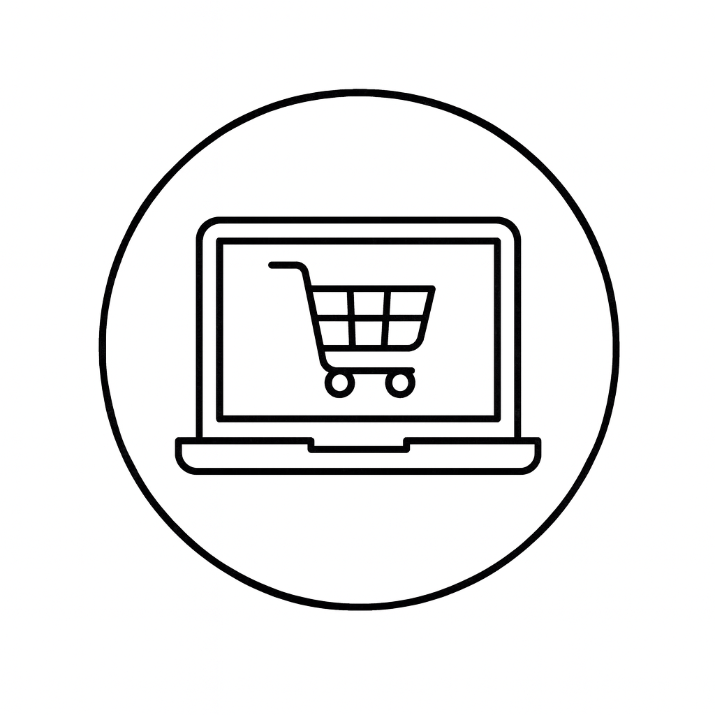 Outline icon of a laptop displaying a shopping cart on the screen.
