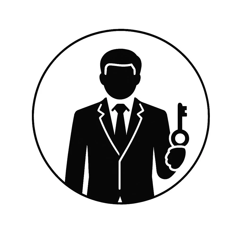 Silhouette of a man in a suit holding a key, surrounded by a circle.