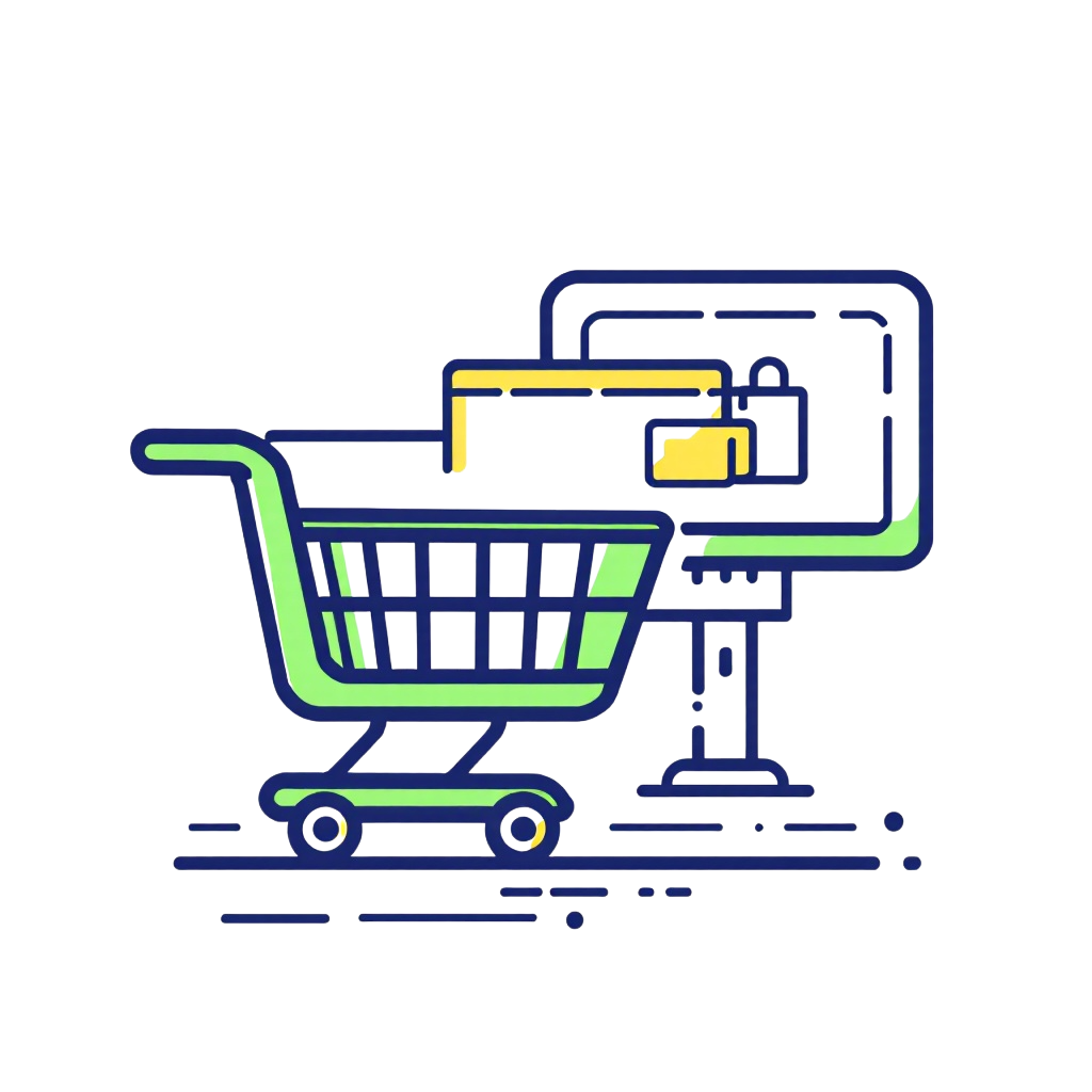 Digital illustration of a shopping cart in front of a computer monitor, symbolizing online shopping.