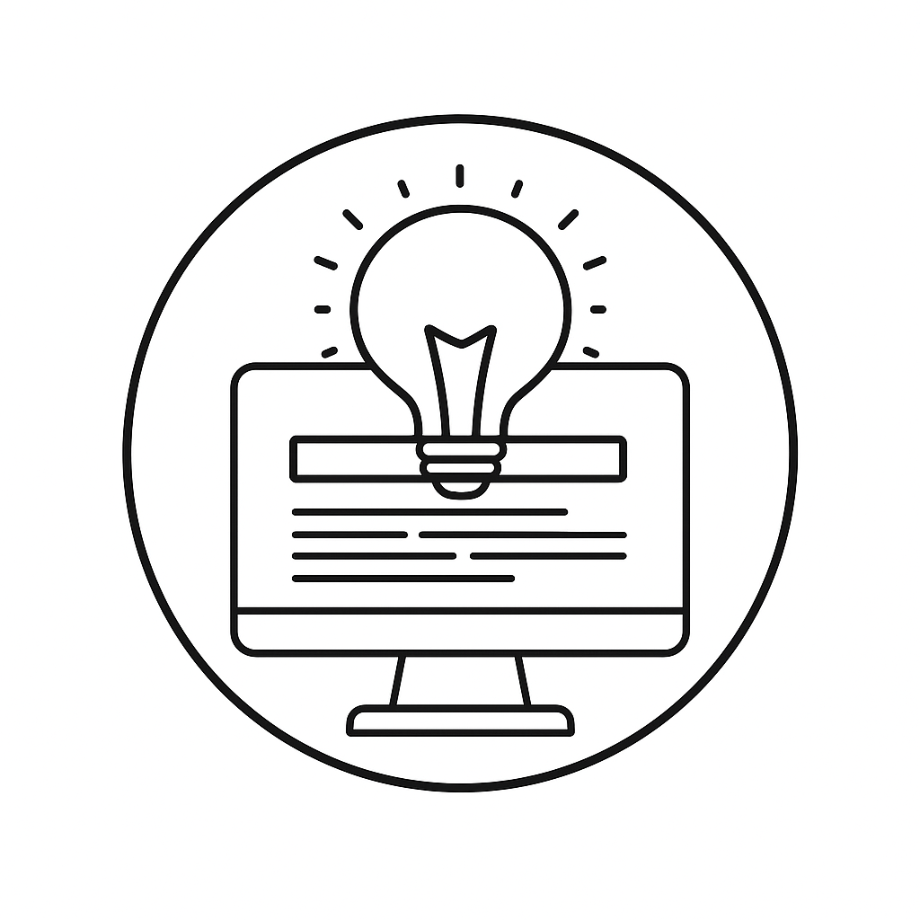 Line drawing of a computer monitor with a lightbulb above it, surrounded by a circle, symbolizing ideas or innovation.
