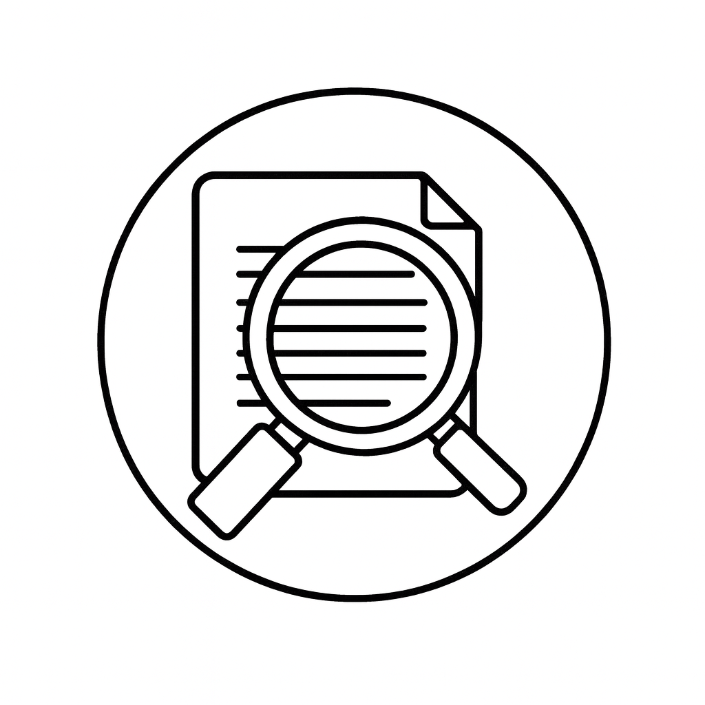 Icon of a document with a magnifying glass inspecting lines of text, indicating search or review process.