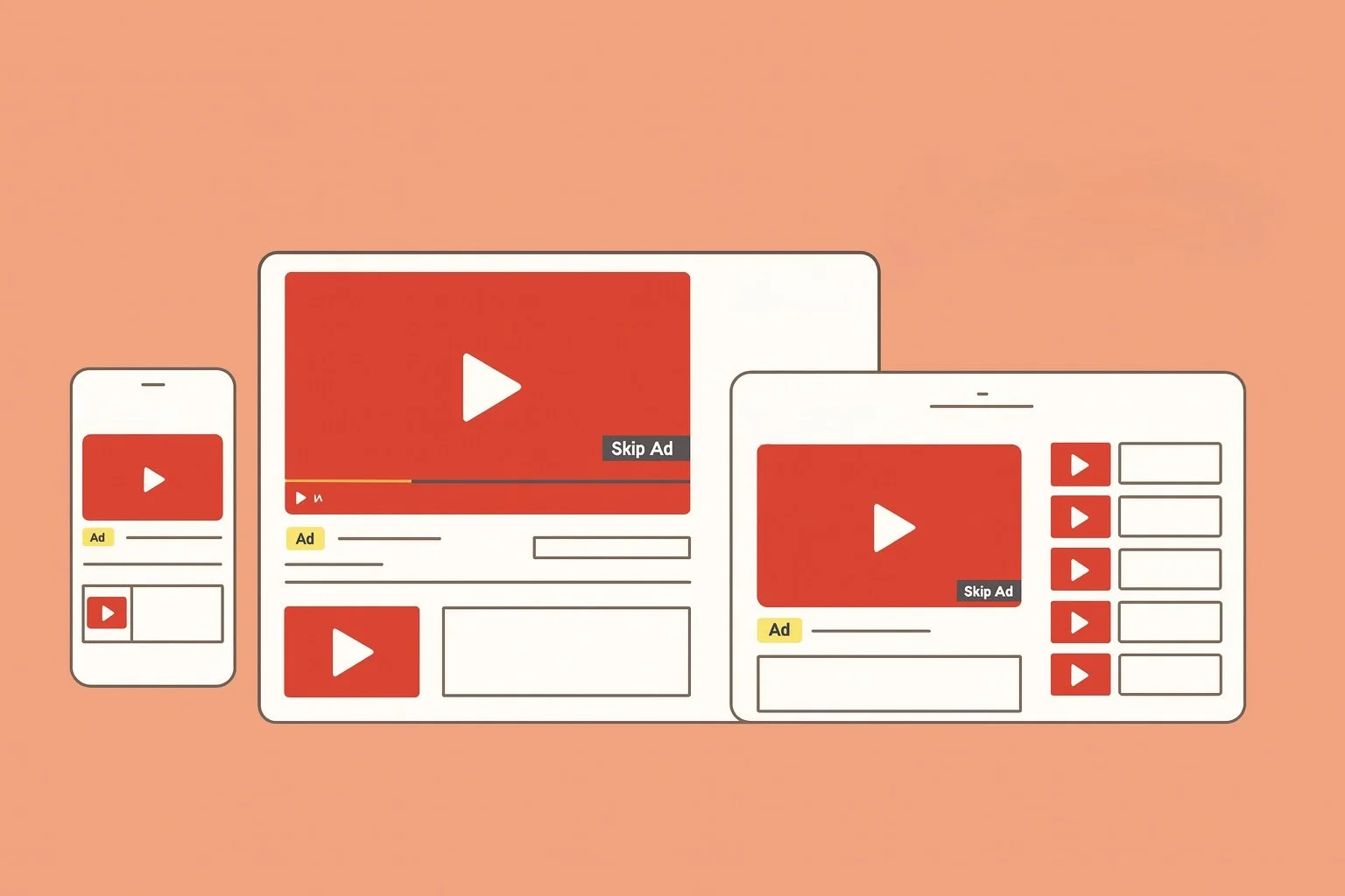 Illustration mockup showing how video ads appear across mobile, tablet, and desktop screens with skip ad and ad labels.