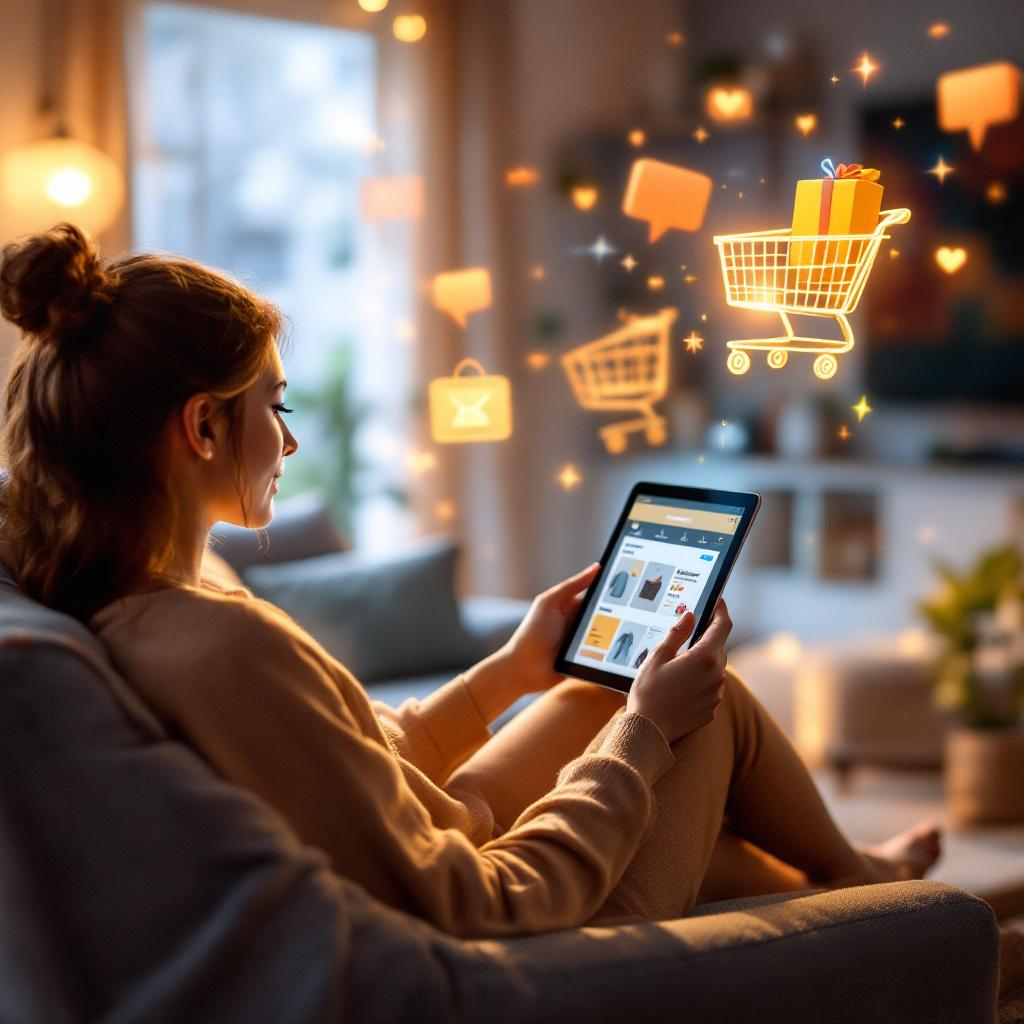 A woman sitting on a couch using a tablet for online shopping, with digital icons of shopping carts and gift boxes floating in the air around her.