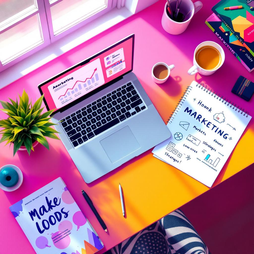A colorful workspace with a pink desk, a laptop displaying marketing graphs, a notebook with marketing notes, a plant, a cup of coffee, a smaller cup of espresso, a pen, a notebook titled 'Make Loads,' and various office supplies.