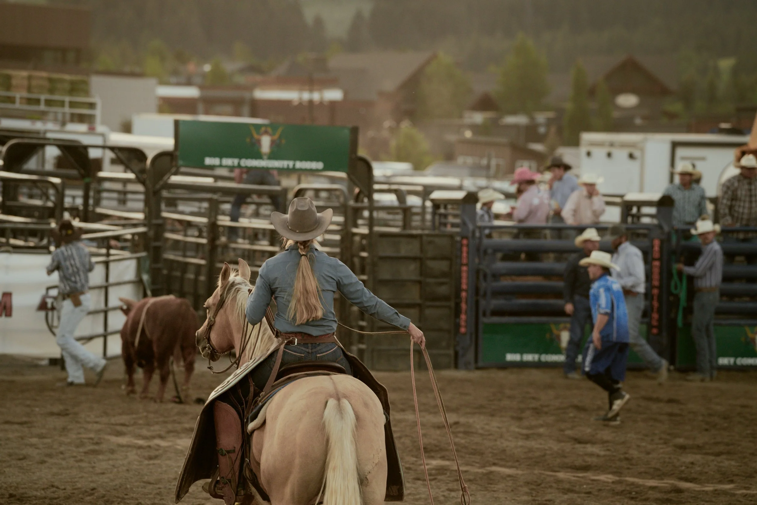 A rodeo scene with a female cowboy on a light-colored horse, holding a lasso, with several people and cattle in the background.