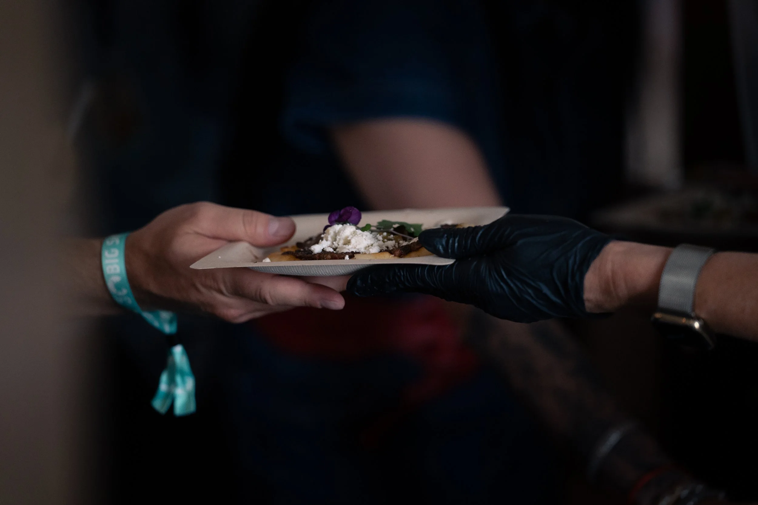 Person handing a plate of food to another person wearing black gloves.