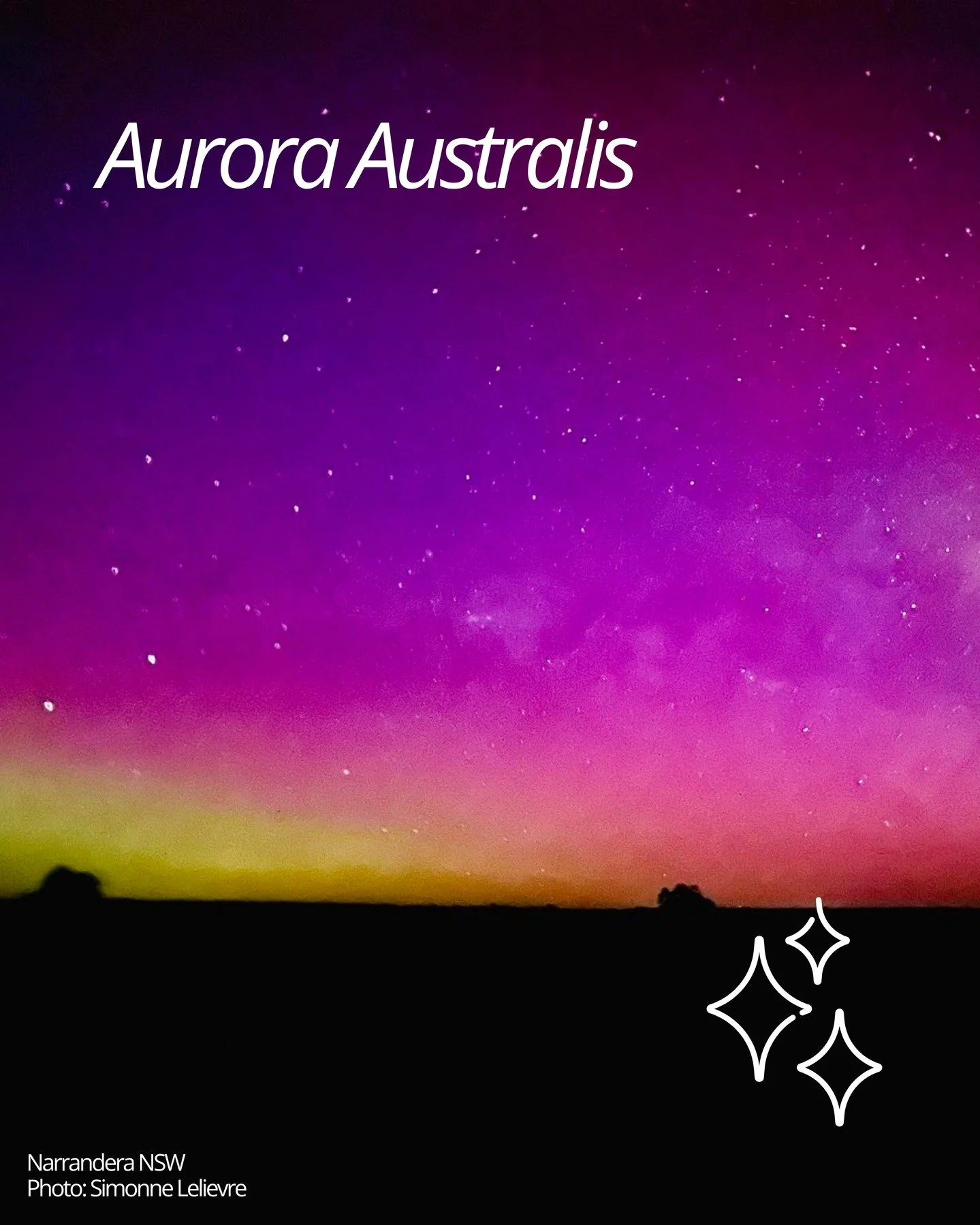 The Southern Lights over Narrandera ✨

A big thank you to Simonne Lelievre for letting us share her beautiful photo 🩷 If you photographed the aurora, we'd love to see your shots too! Comment, message, or @ us 📸

The Aurora Australis is created when