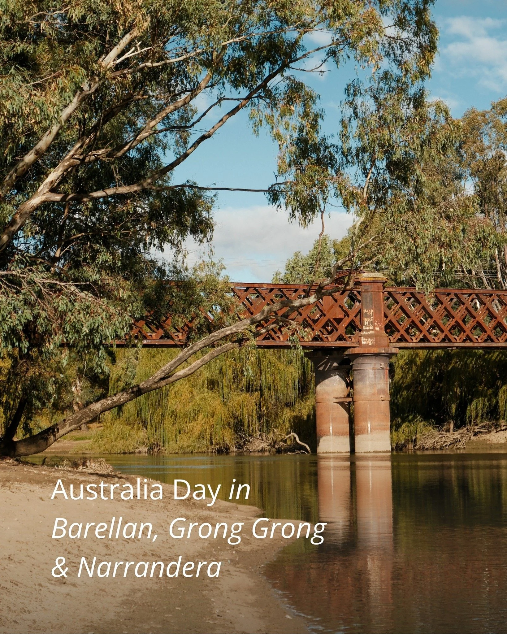 Australia Day in Barellan, Grong Grong &amp; Narrandera ☀️ 

𝘕𝘢𝘳𝘳𝘢𝘯𝘥𝘦𝘳𝘢
🍳 7:30am to 9am | Community Breakfast at Marie Bashir Park
🌟 9am to 10:30am | Australia Day Awards Ceremony at Marie Bashir Park
🏖️ 10:30am to 1pm | Survival Day Fam