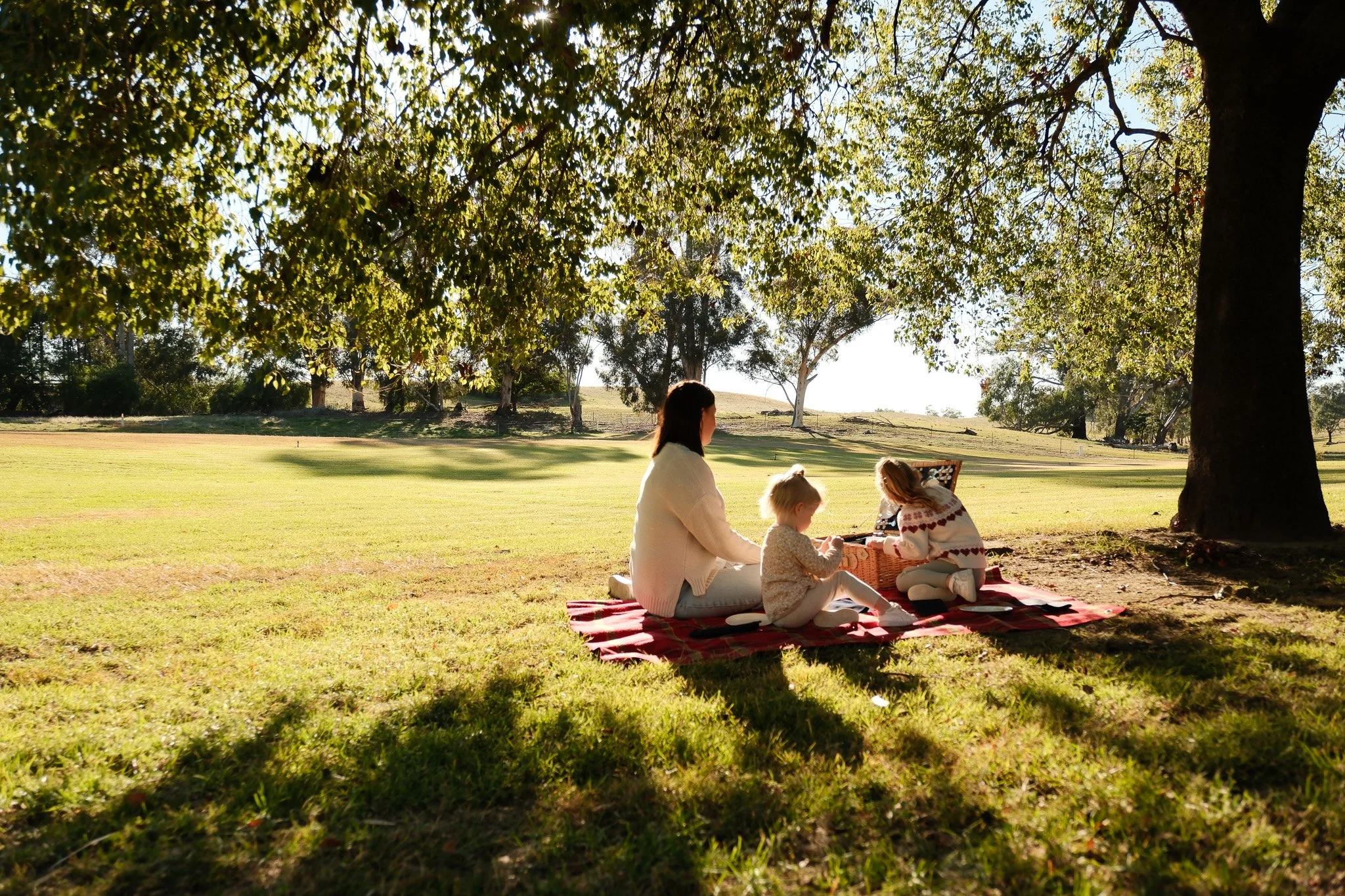 Family enjoying a picnic under a large tree in at Berembed Weir, near Grong Grong, on a sunny day.