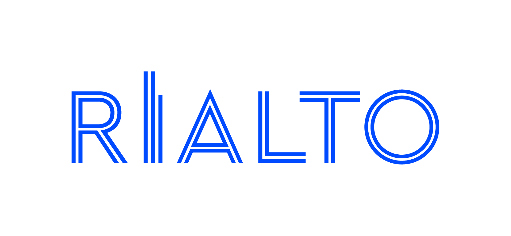 Neon sign displays the word 'RIALTO' in blue outlined letters on a black background.