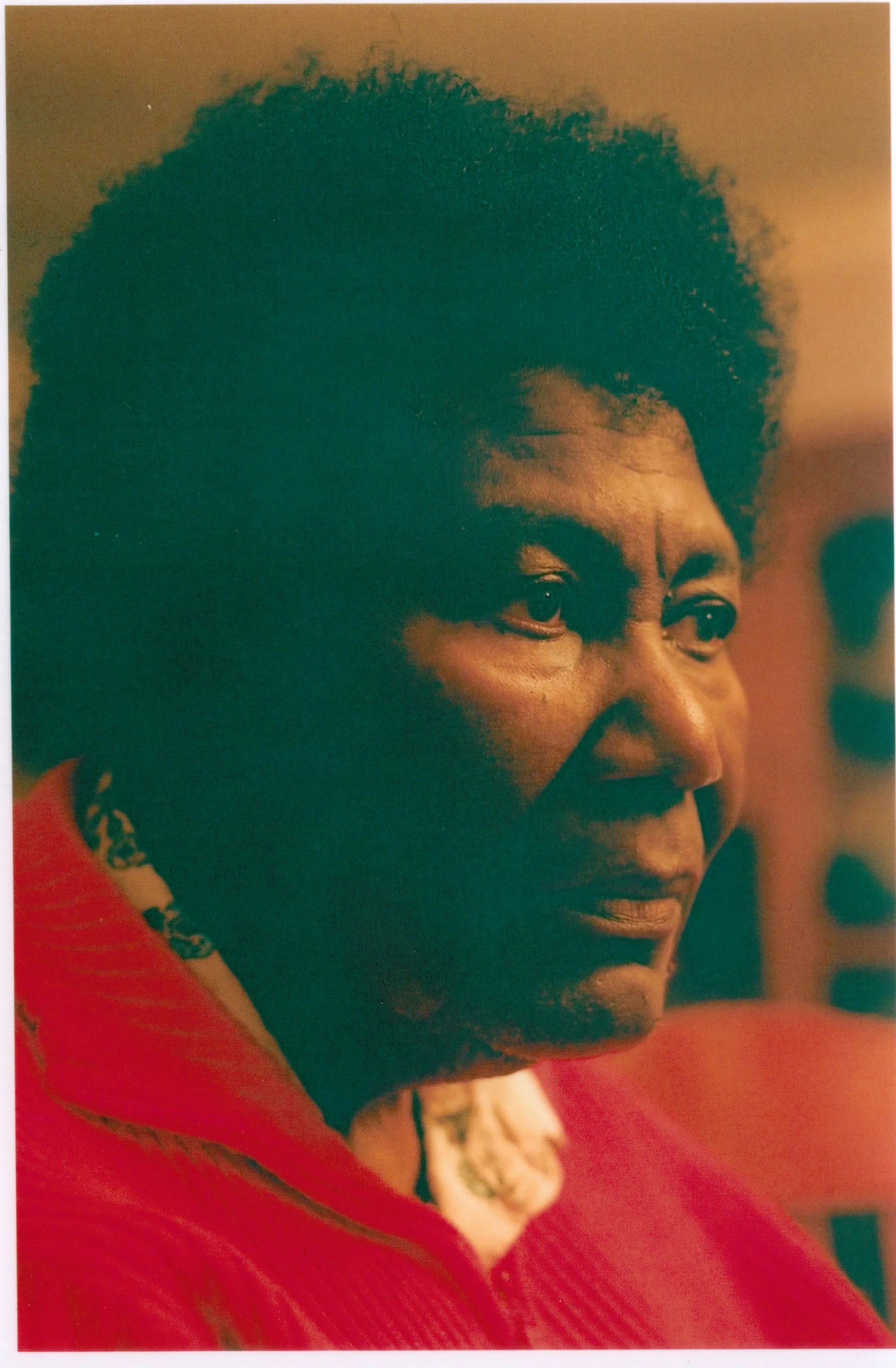 Close-up of a woman with African descent, short natural hair, wearing a red top, and a patterned necklace, looking contemplative.