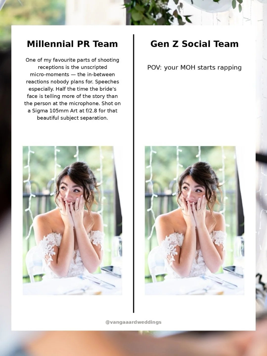 Nobody warned the bride her MOH had bars. Swipe for the moment she found out.

#TorontoWeddingPhotographer #OntarioWeddingPhotographer #WeddingReception #MaidOfHonourSpeech #horseshoevalleyresort