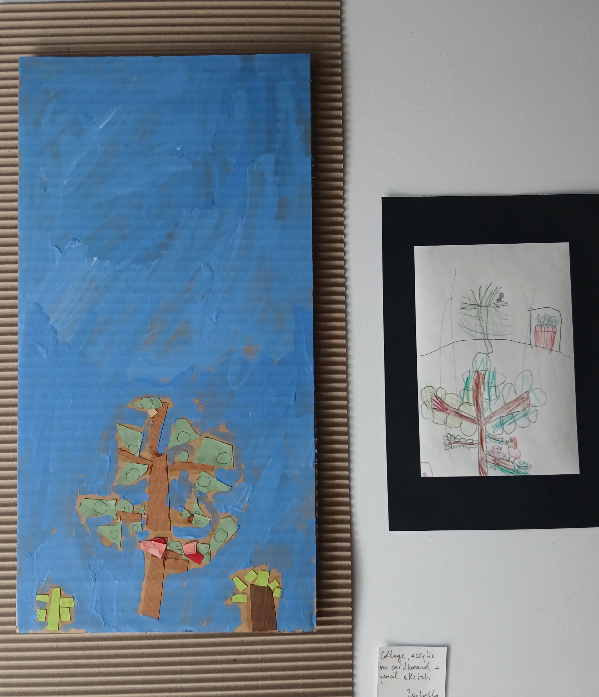 Collage and acrylic on cardboard with sketch