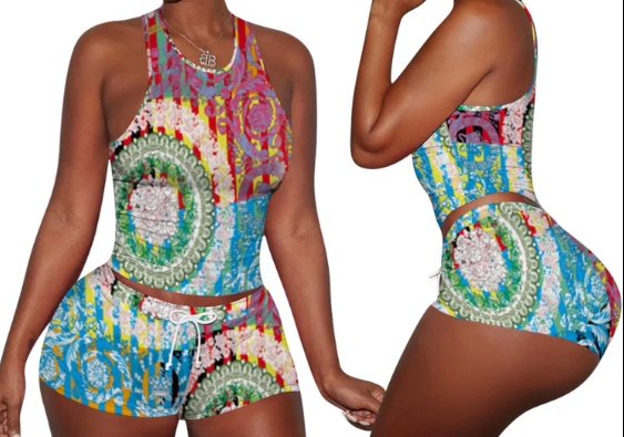 Designer-Inspired 2-Piece Short & Tank Set – Fendi/Versace Print (Small–Large)