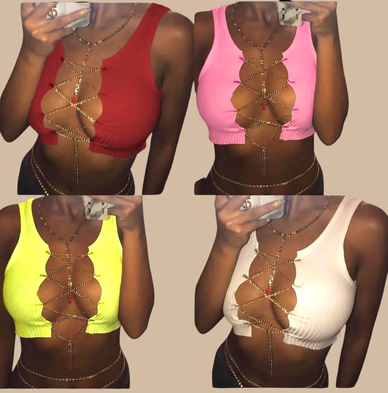 Chain Reaction Sleeveless Top – Gold-Linked & Curve-Catching