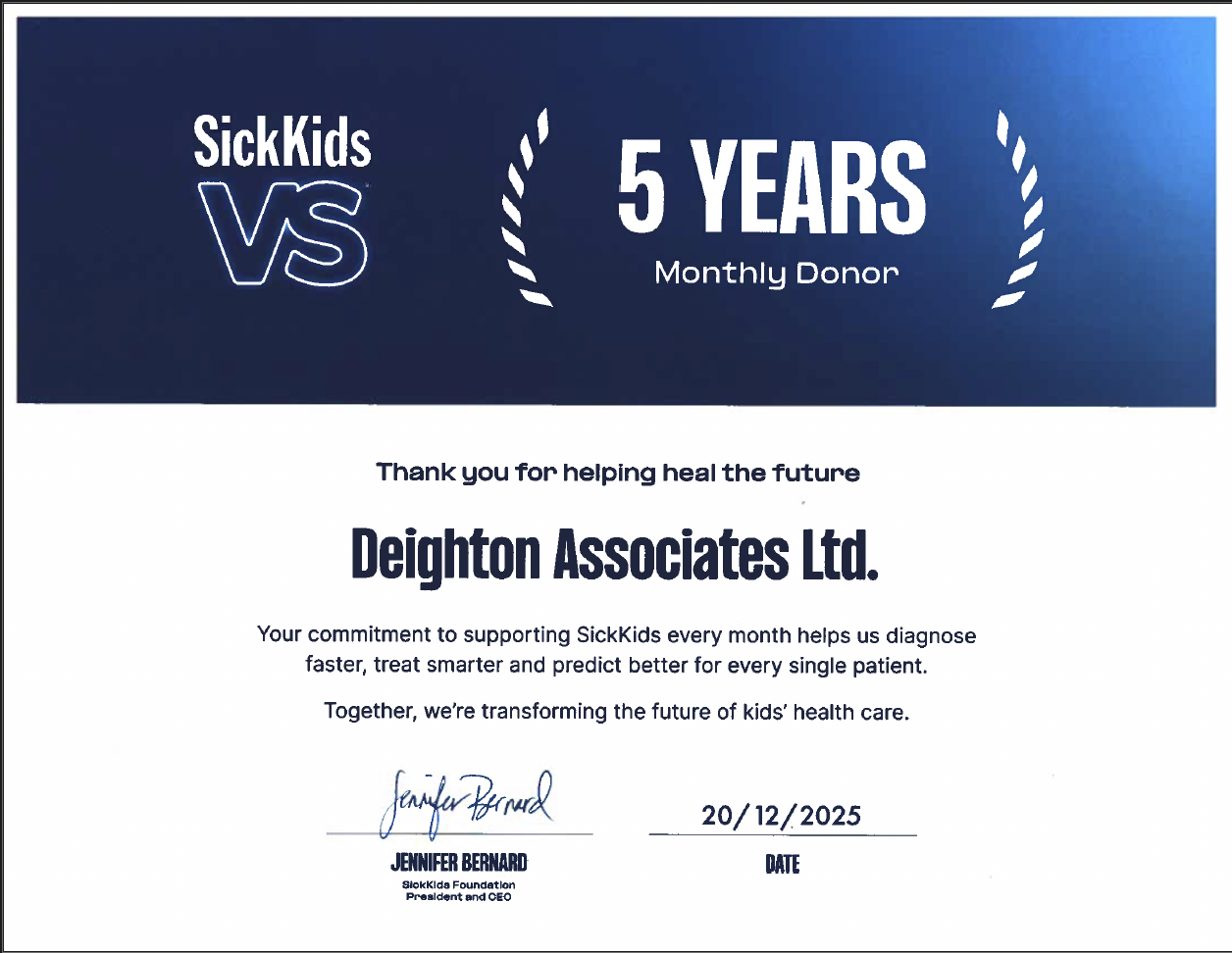 Deighton Recognized for Five Years of Ongoing Support to SickKids Hospital