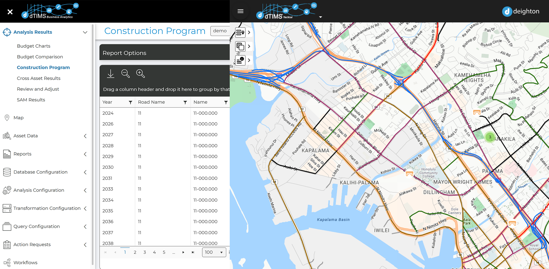 A digital map showing traffic and road construction in Honolulu, Hawaii, with a sidebar menu for analysis options and a table listing construction years and road names.