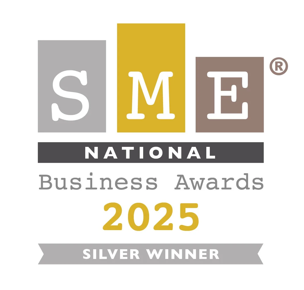 Logo for the 2025 SME National Business Awards, indicating silver winner
