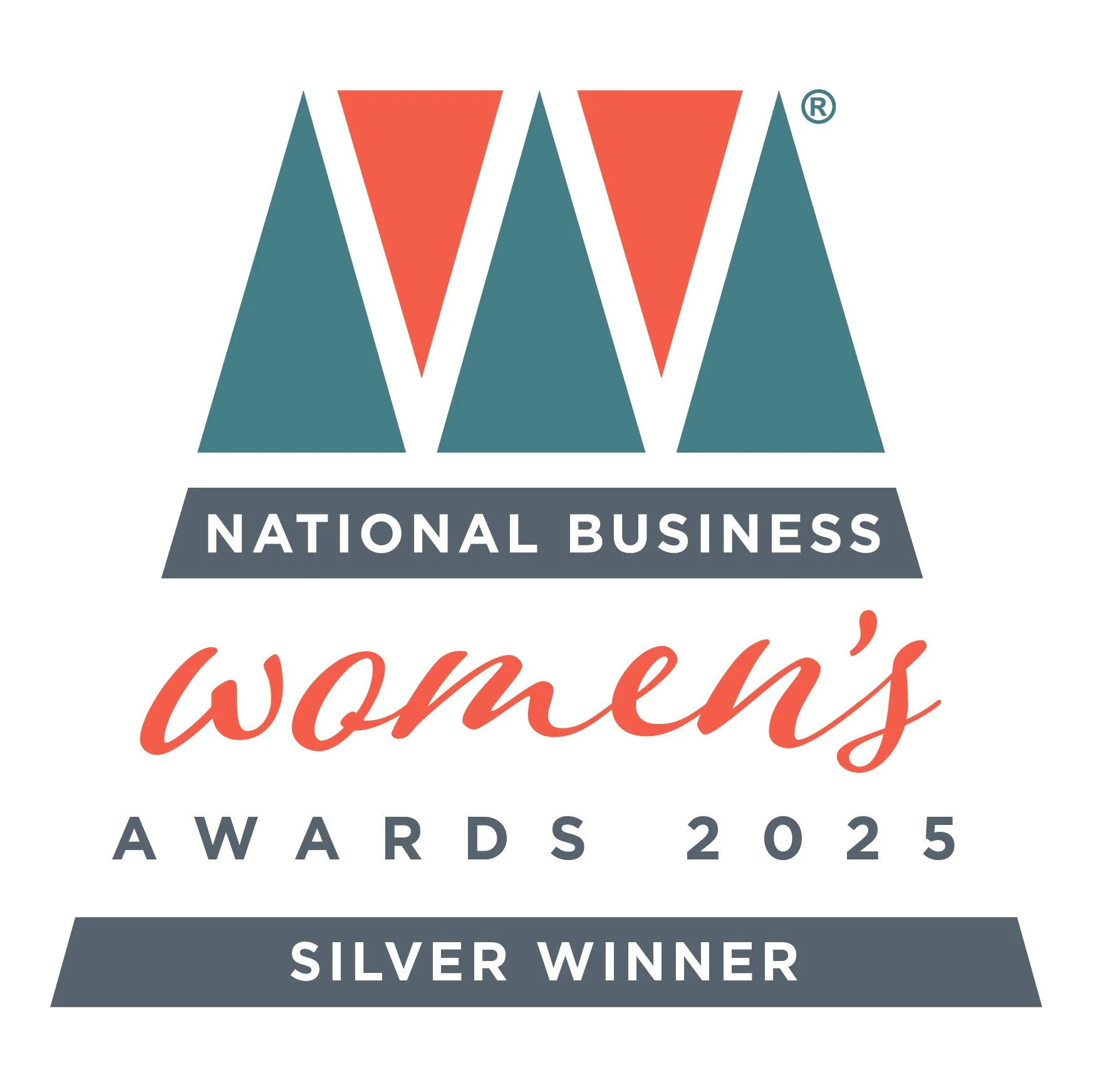 Logo for the 2025 National Business Women's Awards, indicating Silver Winner, with a stylized mountain and letter 'W' at the top.