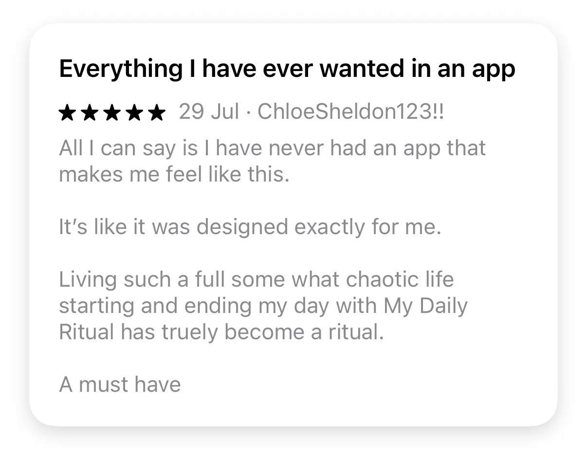 Customer review praising a life-changing app, with a 5-star rating from ChloeSheldon123, dated July 29.