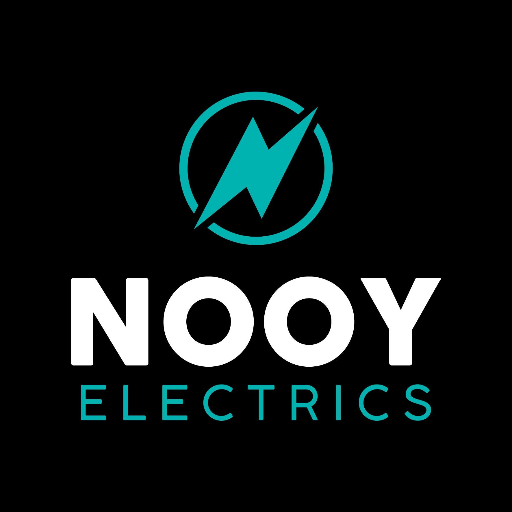 Logo of NOOY Electrics featuring a stylized lightning bolt inside a circle, with the company name in bold white letters and the word 'ELECTRICS' in smaller blue letters below.