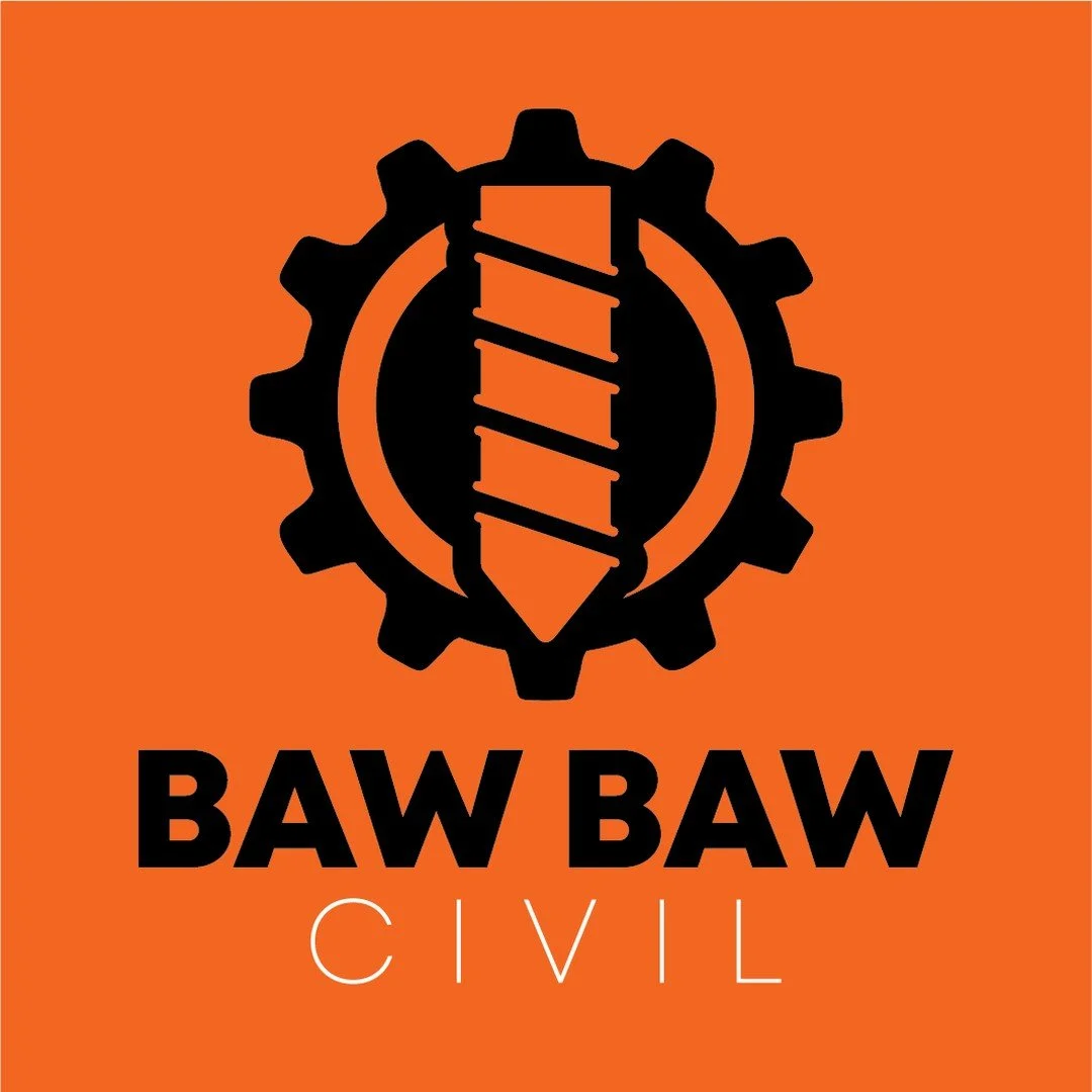 A logo with a black gear and a tornado symbol inside it, on an orange background, with the text 'BAW BAW CIVIL' beneath.