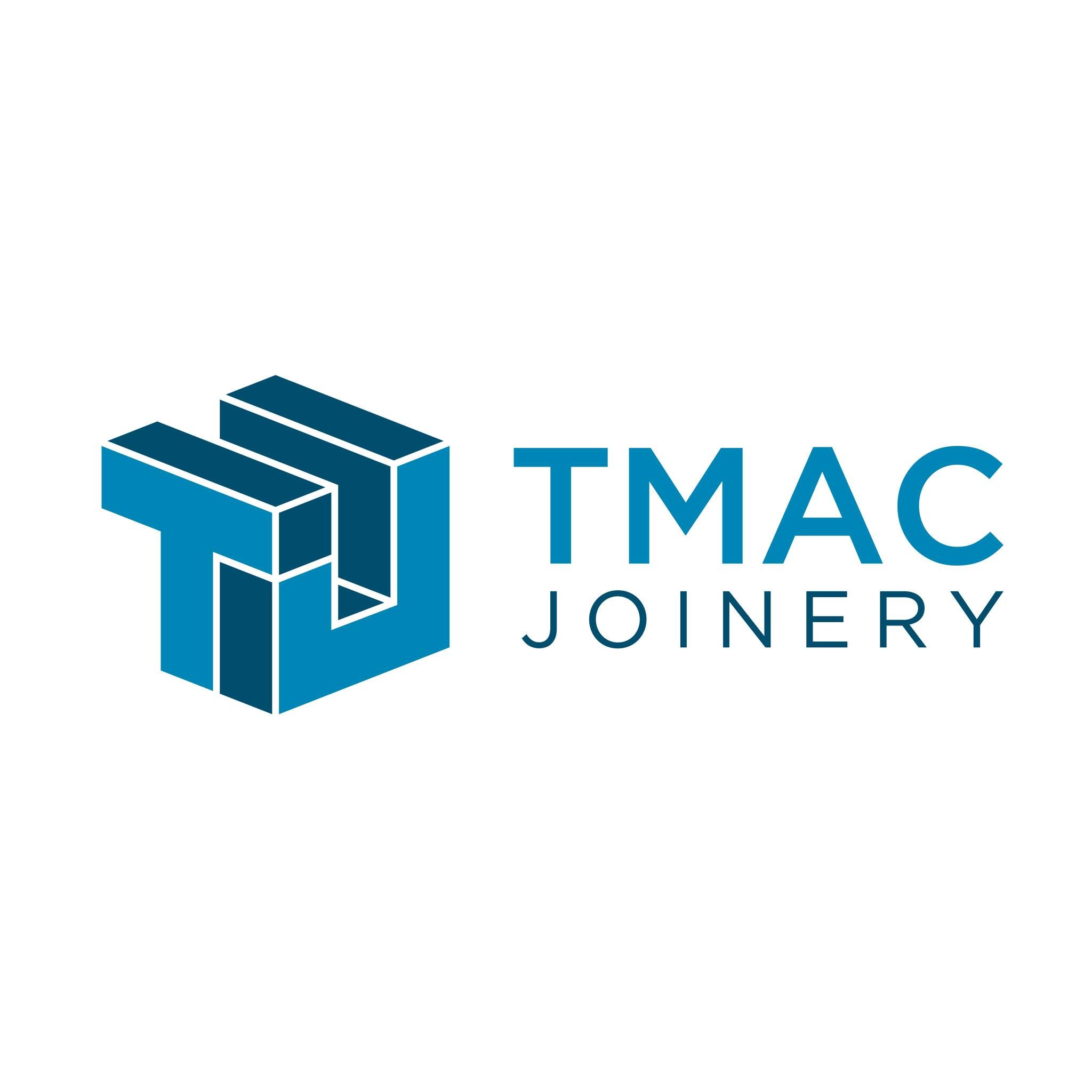 Logo for T Mac Joinery featuring a geometric 3D box design in shades of blue and the text "T Mac Joinery".