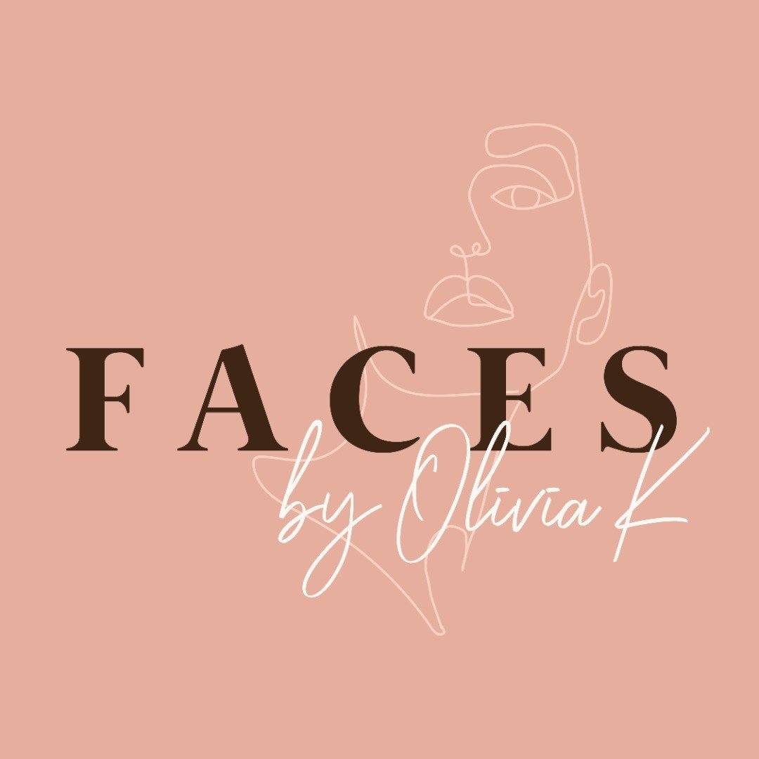 A graphic with the word 'FACES' in large dark letters, 'by Olivia K' in cursive below, and a minimalist line drawing of a face on a pink background.