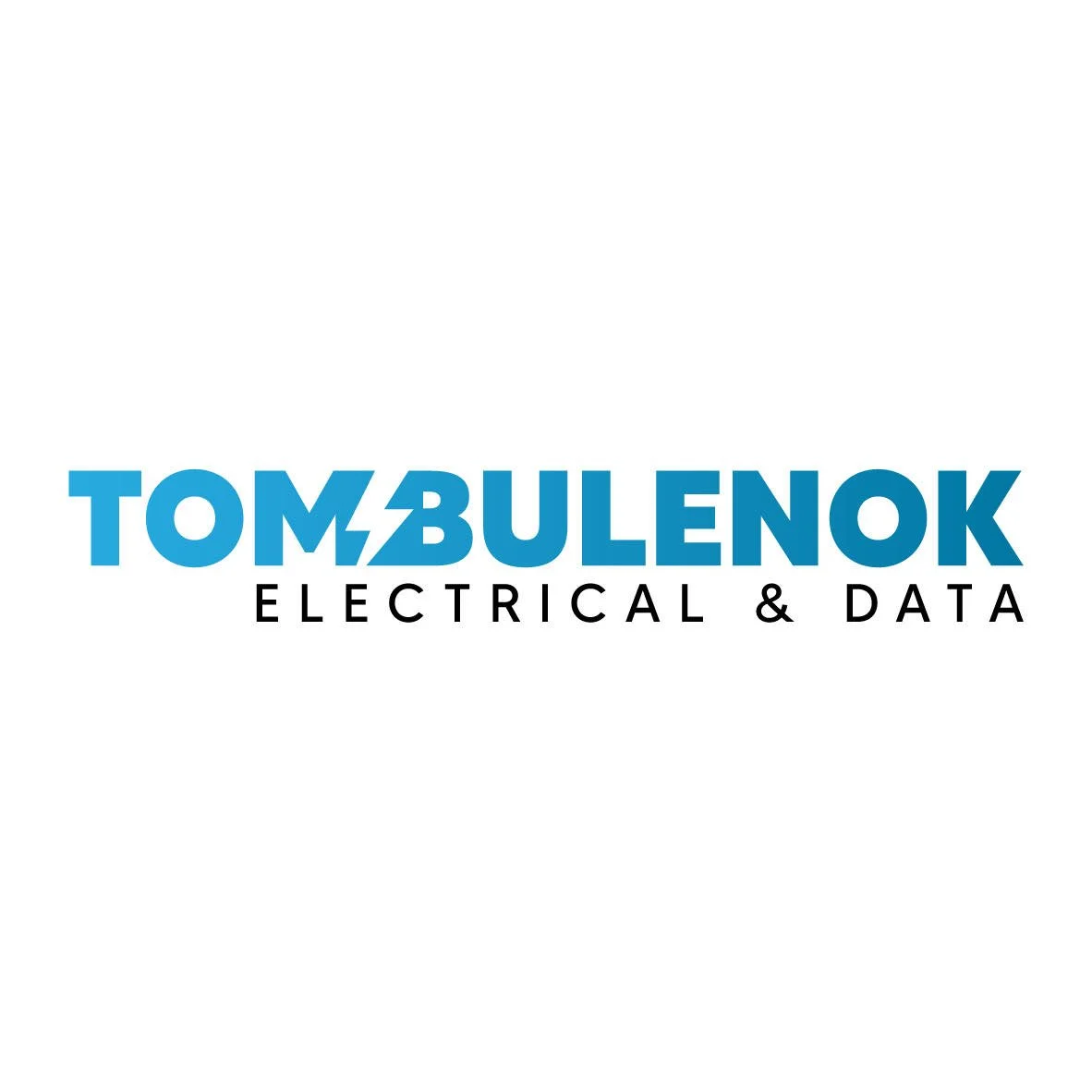 Logo for Tombulenok Electrical & Data, featuring the company name with a blue lightning bolt in the letter "M" and the subtext "Electrical & Data" in black.