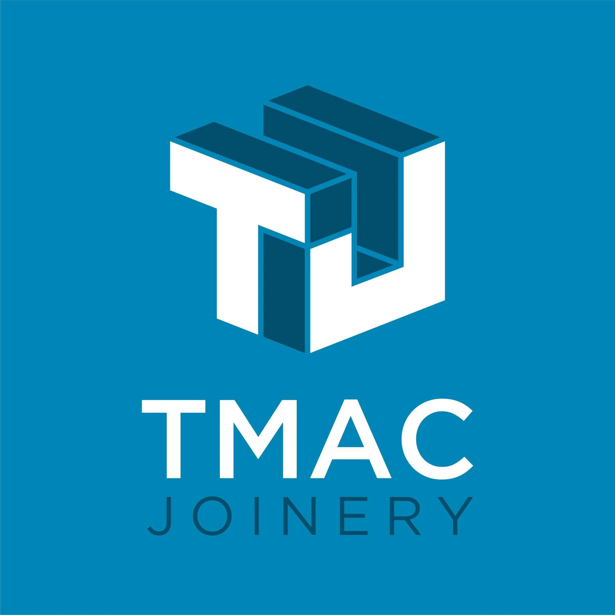 A blue logo featuring an isometric geometric cube design with the text 'TMAC JOINERY' below.