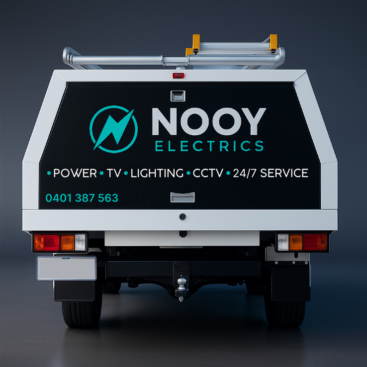 Back of a work vehicle with a large black sign displaying a blue and white company's logo and contact information for NOOY Electrics, offering power, TV, lighting, CCTV, and 24/7 service.