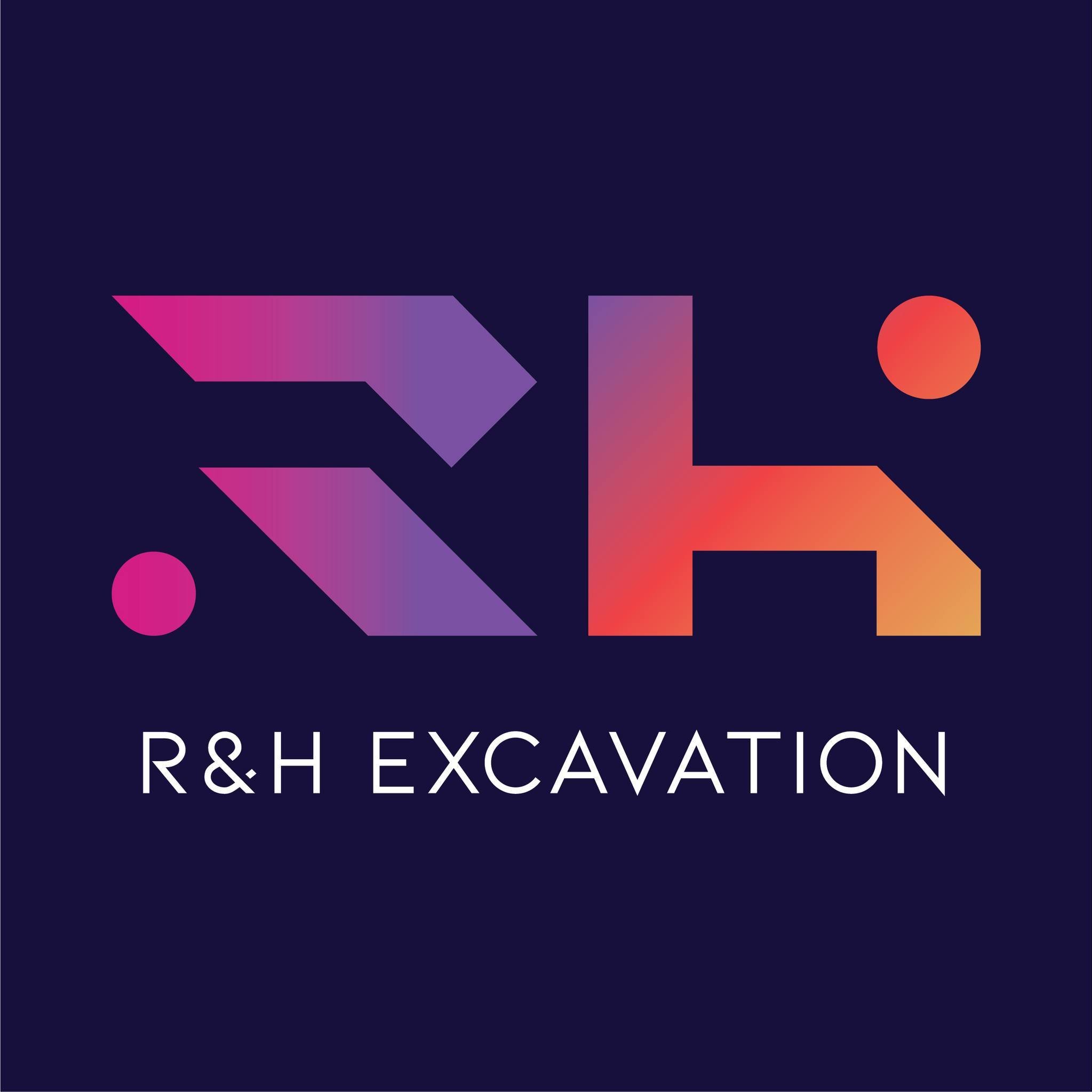 Logo for R&H Excavation with stylized letter 'R' and 'H' in purple and orange gradient, and two circles in pink and orange on a dark background.